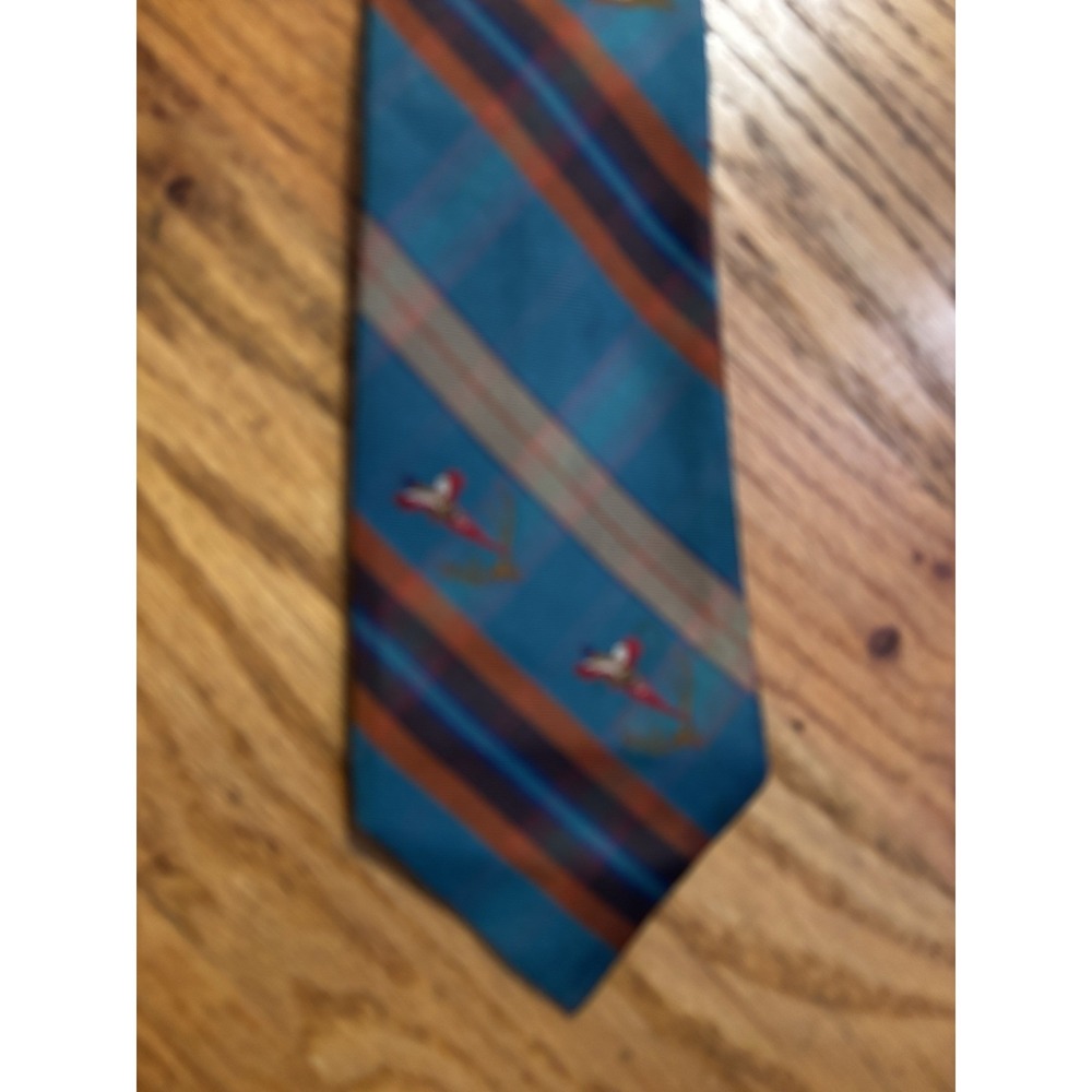 Carson Pirie Scott Silk Tie Mens Teal Orange Striped Pheasant Woven England EX